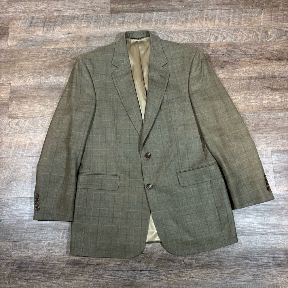 Jos A Bank Sport Coat Mens 40R Beige Blue Plaid Traveler Tailored Fit Wool Silk